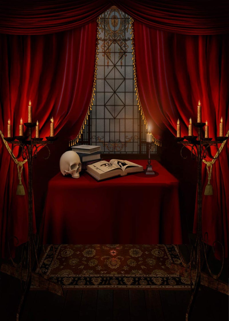 CapiSco 5X7FT Halloween Backdrop Nightmare Before Christmas Backgrounds for Baby Shower Portrait Indoor Night Antique Study Red Curtain Terror Skull Photo Studio Backdrop Party Decorations SCO87 - Image 3